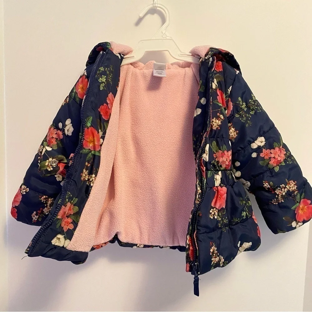 Little Me Navy Blue With Pink Floral Print Puffer Jacket Coat Size 18 Months